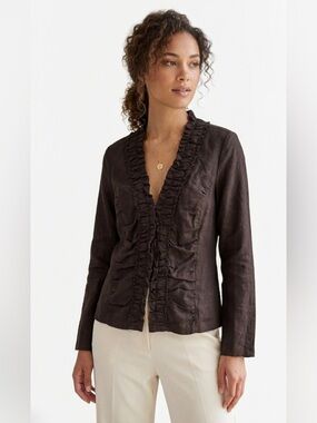 Alice Blue NEW Linen Ruched Jacket Blazer Gathered Ruffle Brown Shirt Neutral L